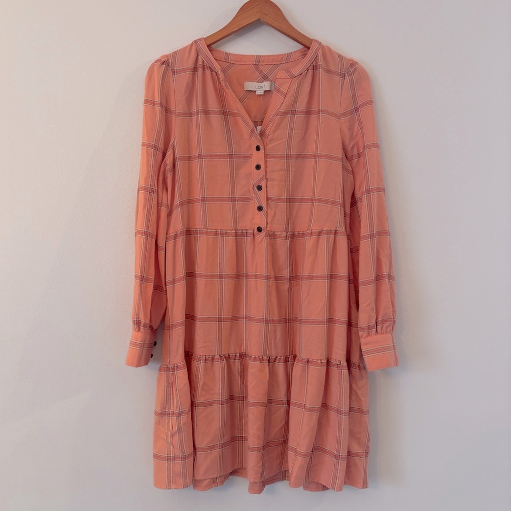 LOFT Peach Plaid Long Sleeve Tiered Dress with Button Front